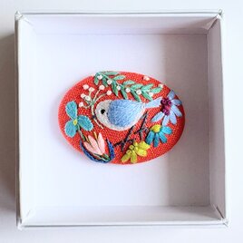 ことりと草花の刺繍ブローチ(botanical）#475