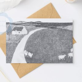 （106）羊のいるスコットランドの鉛筆画風景　ポストカード　3枚セット