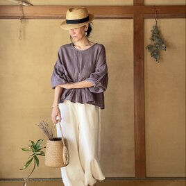 ダブルガーゼフリルブラウス ブルーベリー/ Double Gauze Frill Blouse in Blueberry