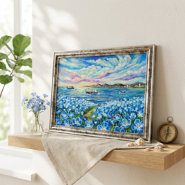 【海風と、青い記憶】油絵 青い海と空 抽象画風 モダンインテリア 額縁入り 玄関 リビング