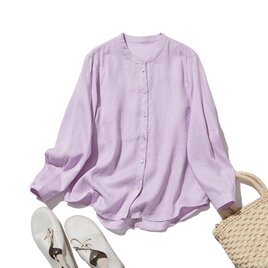 きちんと感と抜け感を両立。大人の一年中着回しアイテム リネンシャツ　長袖シャツブラウス　ピンクパープル　260405-4