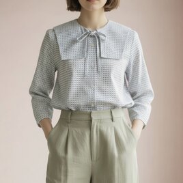 つけ襟付き　バンドカラー　ブラウス【送料込み】浴衣リメイク　ホワイト×ブラック