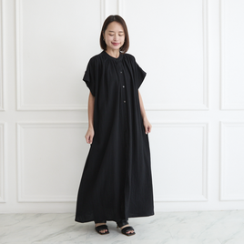 【着丈調整可能✨】 サラッと着れる コットン ダブルガーゼ ショートスリーブシャツワンピース　ブラック　0740BK