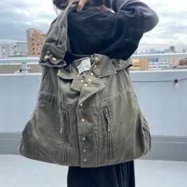 ミリタリーF2ジャケットリメイク＊2WAYショルダー＊オリーブ＊フランス軍＊＊A4収納可のコピー