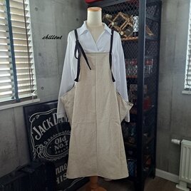 【背中がかわいい】エプロンドレス：マキシ：ワッシャーリネン×ブラック【1041】
