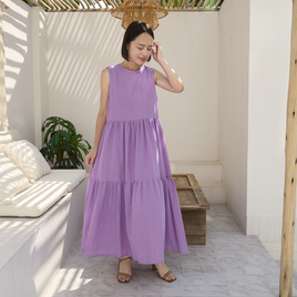 【着丈調整可能✨】軽くてふんわりシルエット◎ 裏地付き コットンティアードワンピース　モーブパープル 0609M.Pp