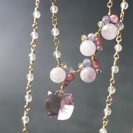 【3wayネックレス】「雨の散歩道を歩く猫」紫陽花 ブレスレット アンクレット 天然石 アメジスト 14kgf 梅雨 ギフト