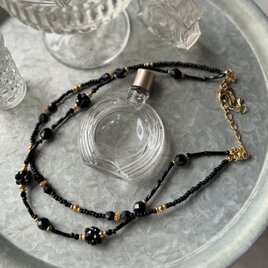 N227-ヴィンテージネックレス【LANCETTI Francesca 】Black and gold-tone beaded