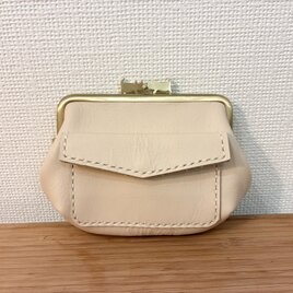 ぱかっと開くとお部屋が3つの親子がまぐち♪外ポッケが付いたダブルにゃんこ口金の四角い本革ミニ財布