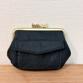 ぱかっと開くとお部屋が3つの親子がまぐち♪外ポッケが付いたダブルにゃんこ口金の四角い本革ミニ財布