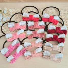 リボンヘアゴム｜さりげなくラメ入り｜ピンク赤系