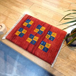 ペルシャ　ダバールギャッベ　玄関マット　ラグ　58×40cm 　パネル　生命の木　ヤギ　羊　茜色　B1482