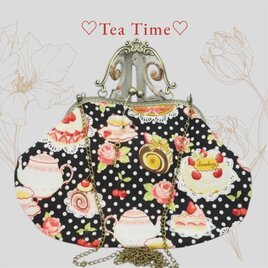 「ティータイムA♡ブラック」がま口バッグ・ショルダーバッグ・チェーン付（口金21センチ）