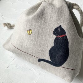 受注制作『黄色い蝶々と黒猫』手描きコットンリネン巾着サンドベージュ グレー エクリュ