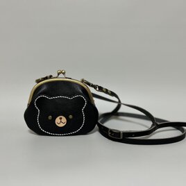 姫路レザーminiがま口ポシェット◆黒　くまちゃんポシェット　サコッシュ　ポシェット　ストラップ長さ調節可能