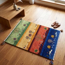 ペルシャ　ギャッベ　パルヴィーズ　コルクウール　カシュクリ　マット　ラグ　96x64cm　一日の風景　RJ9798
