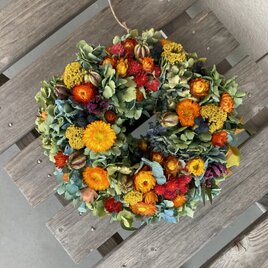母の日　紫陽花の可愛いリース（黄色）ドライフラワー