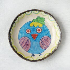 緑の帽子の青い小鳥・手描き絵皿