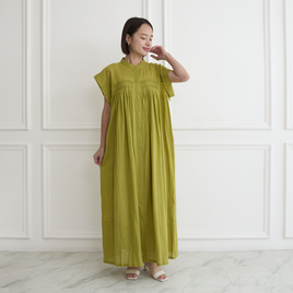 【着丈調整可能】ライトコットン ピンタックギャザー シャツワンピース　オリーブ　0701Olive