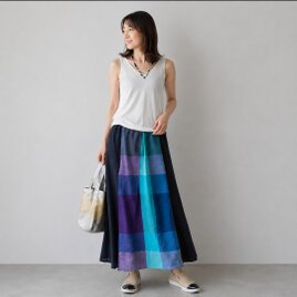 ★丈85㎝まで★手織り綿★サイドに紺リネンのたっぷりギャザースカート★裏地なし★