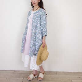 ボタニカルフラワーリネンとくすみピンクラベンダーの切替リボンワンピース
