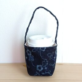 テイクアウト　洗濯可能な保温の紙コップ入れ　バッグ型　刺繍　ブラック　719