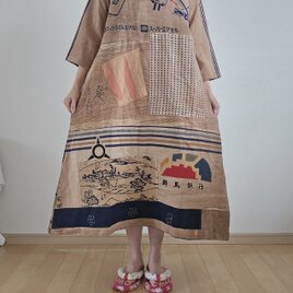 着物リメイク　ハンドメイド　柿渋染め　パッチワーク　ワンピースのコピー