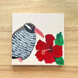 「ひとやすみ」　ヤンバルクイナとハイビスカス　ミニキャンバス原画