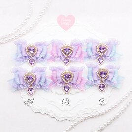 ヘアクリップ　リボン　量産型　地雷　ロリータ　フリル　紫　ピンク　ブルー　ハート　ビジュー　ゴスロリ　キッズ　子供　コンカフェ
