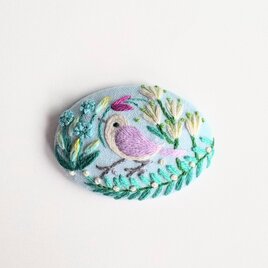 ことりと草花の刺繍ブローチ(botanical）#483