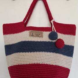 ニットボールが可愛い❣️コットン100%ボーダーシンプルBag
