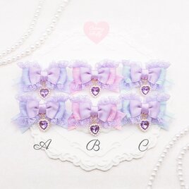ヘアクリップ　リボン　量産型　地雷　ロリータ　フリル　紫　ピンク　水色　ハート　ビジュー　ゴスロリ　キッズ　子供　コンカフェ