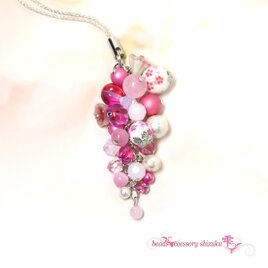 和風花柄ストラップ＊ピンクカルセドニー