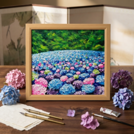 【原画】あじさいのワルツ＊梅雨を彩る紫陽花畑の油絵（額縁付）