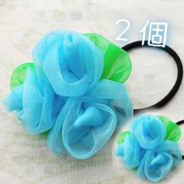 水色薔薇のブーケ風ヘアゴム2個セット