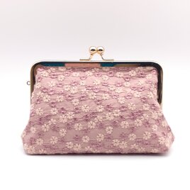 花柄刺繍　大きめがま口ポーチ　15.5cm口金　ピンク　734