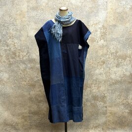 藍無地木綿をリメイク　ワンピース　kato0001   / 古布 着物 着物リメイク kimono