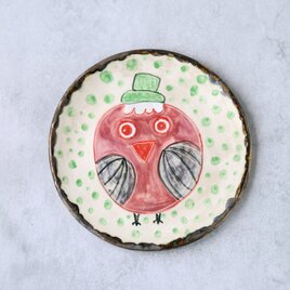 緑の帽子をかぶったピンクの小鳥・手描き絵皿
