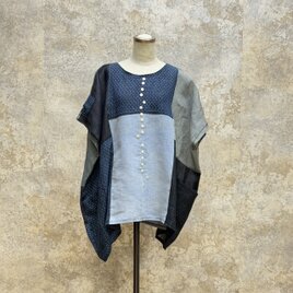 麻着物　をリメイク　パッチワークブラウス 　kato0017  / 古布 着物 着物リメイク kimono