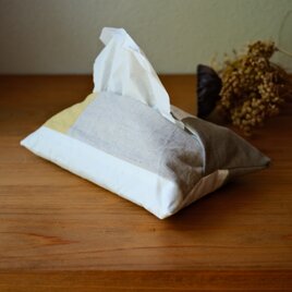 リネンのパッチワークティッシュカバー｜ナチュラルカラーにイエロー｜箱なしティッシュ対応