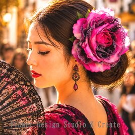 大輪のローズピンク薔薇のフラメンコ髪飾り｜舞台映え 上質レース フローレス 社交ダンス 発表会 和装にも