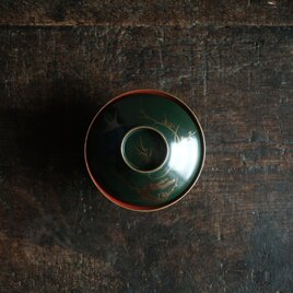 梅と鳥◆深緑で素敵。時代物　漆芸蒔絵蓋付椀　古漆器　骨董・antiques 古道具　幕末〜明治　i2