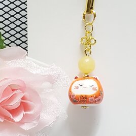 【天然石ストラップ・アラゴナイト×招き猫】お守り＊人間関係＊癒し＊金銭運＊パワーストーン＊可愛い＊和風