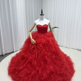 豪華！カラードレス ボルドー色 ベアトップ ボリュームドレス ソフトチュール 編み上げ 花嫁 前撮り