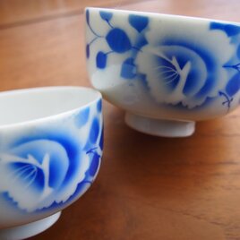 染付印判　薔薇の図　煎茶茶碗　二客