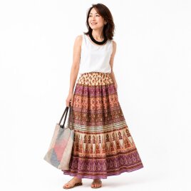 ★丈97㎝まで★鎌倉スワニーの綿★マキシ★インド柄のたっぷりギャザースカート★裏地付