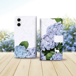 Android シンプル手帳型スマホケース（カメラ穴あり/はめ込みタイプ）【水彩調あじさいと白猫】名入れ可