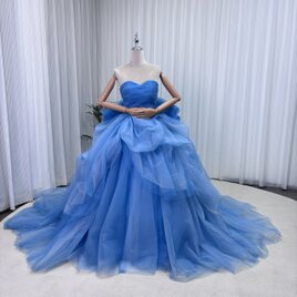 美品！カラードレス ブルー ベアトップ ラッフルフリル ふっくら柔らかなバックリボン 憧れのドレス 花嫁