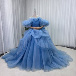 美品！カラードレス ブルー 取り外しオフショルダー ラッフルフリル ふっくら柔らかなバックリボン 憧れのドレス 花嫁