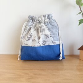 保温保冷シート付き巾着袋・大きめ（おにぎり、ドリンク入れに）パッチワーク風ウサギ×ブルー